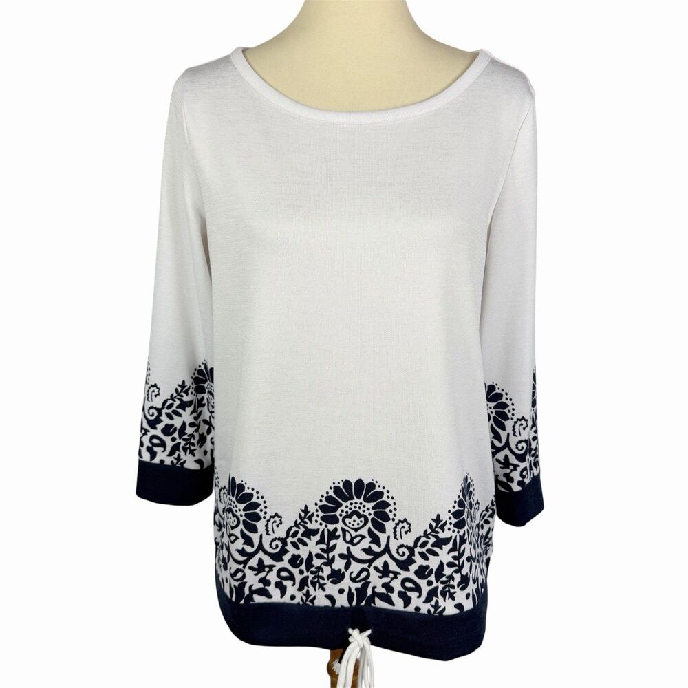 T By Talbots White Navy Floral 3/4 Sleeve Drawstring Hem Top Women’s Medium